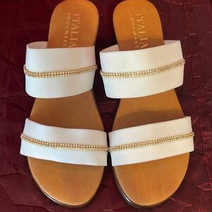 Italian Shoemakers Low Heel Wedges. White‎ Elastic Bands with Rhinestones.